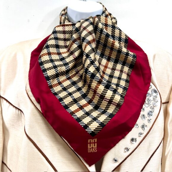 Unused DAKS  Men/Women Miniscarf 23",  Silk, gray black gold burgendy checked(64 - Picture 1 of 9